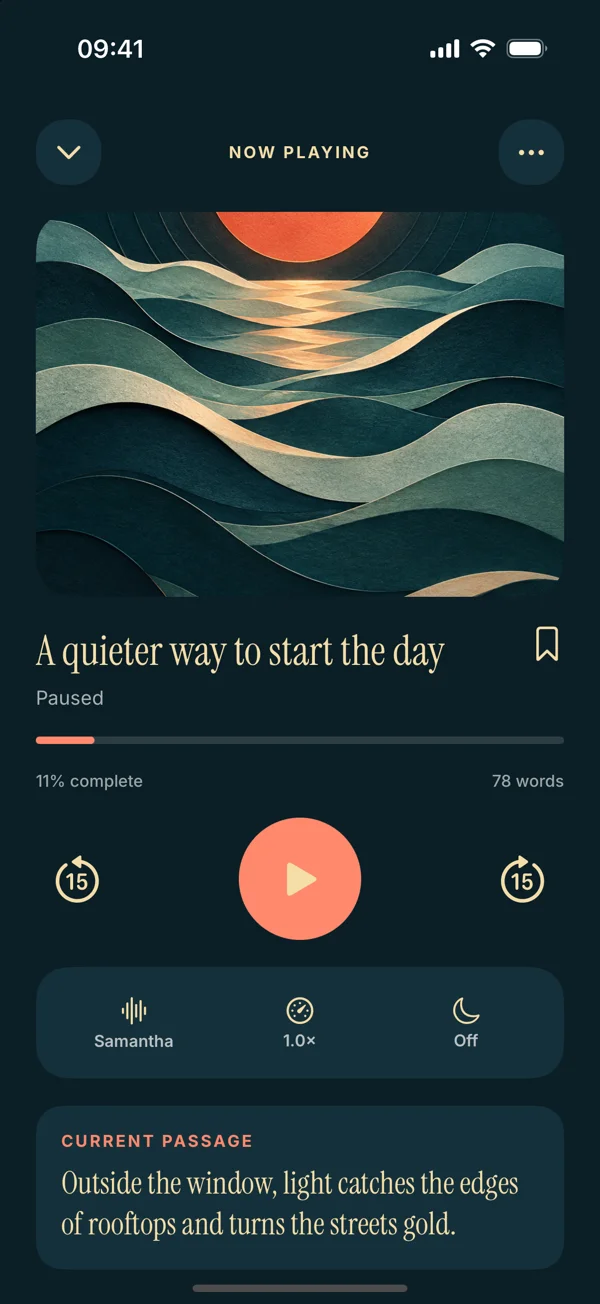 Upcoming Read Aloud player with a document, voice, speed, and playback controls